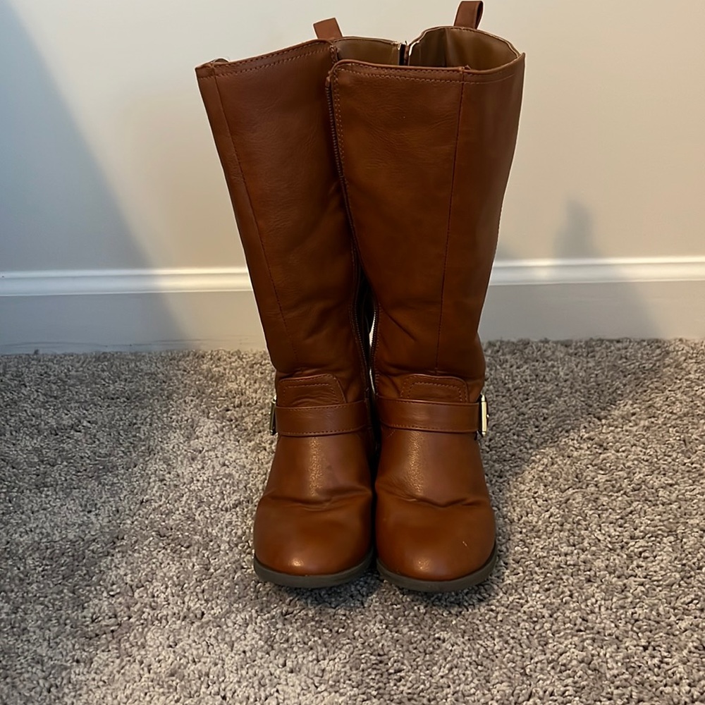 Girls brown knee high boots with gold trim